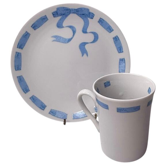VTG Neiman Marcus Trompe l'Oeil Blue Ribbon MUG & PLATE SET Japan Made White NEW - Picture 2 of 6